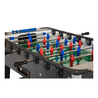 Top-down view of Fabi Home Foosball Table showing green tempered glass playfield