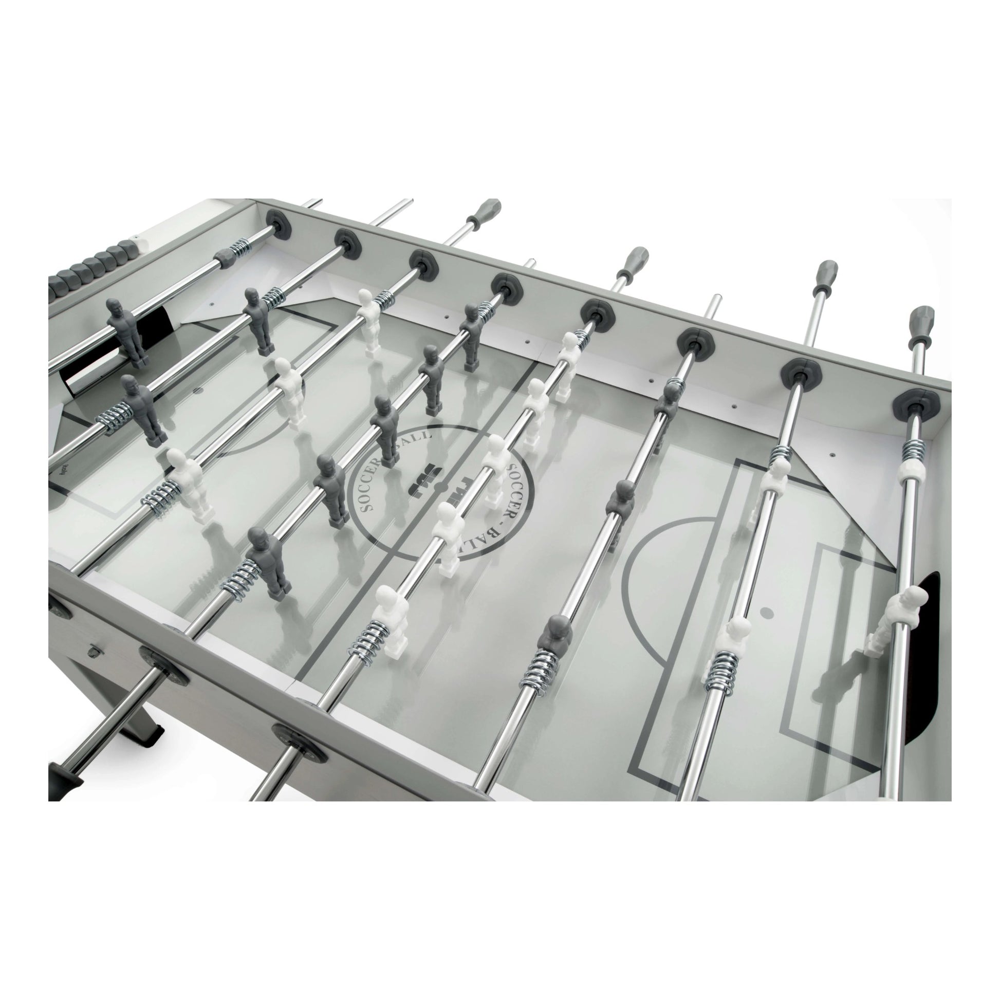 Top-down view of grey tempered glass playfield on F.A.S. Charme table