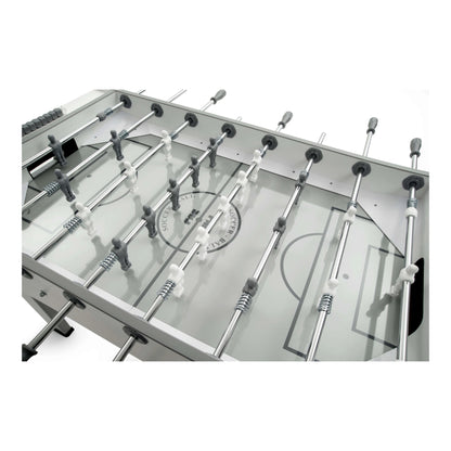Top-down view of grey tempered glass playfield on F.A.S. Charme table