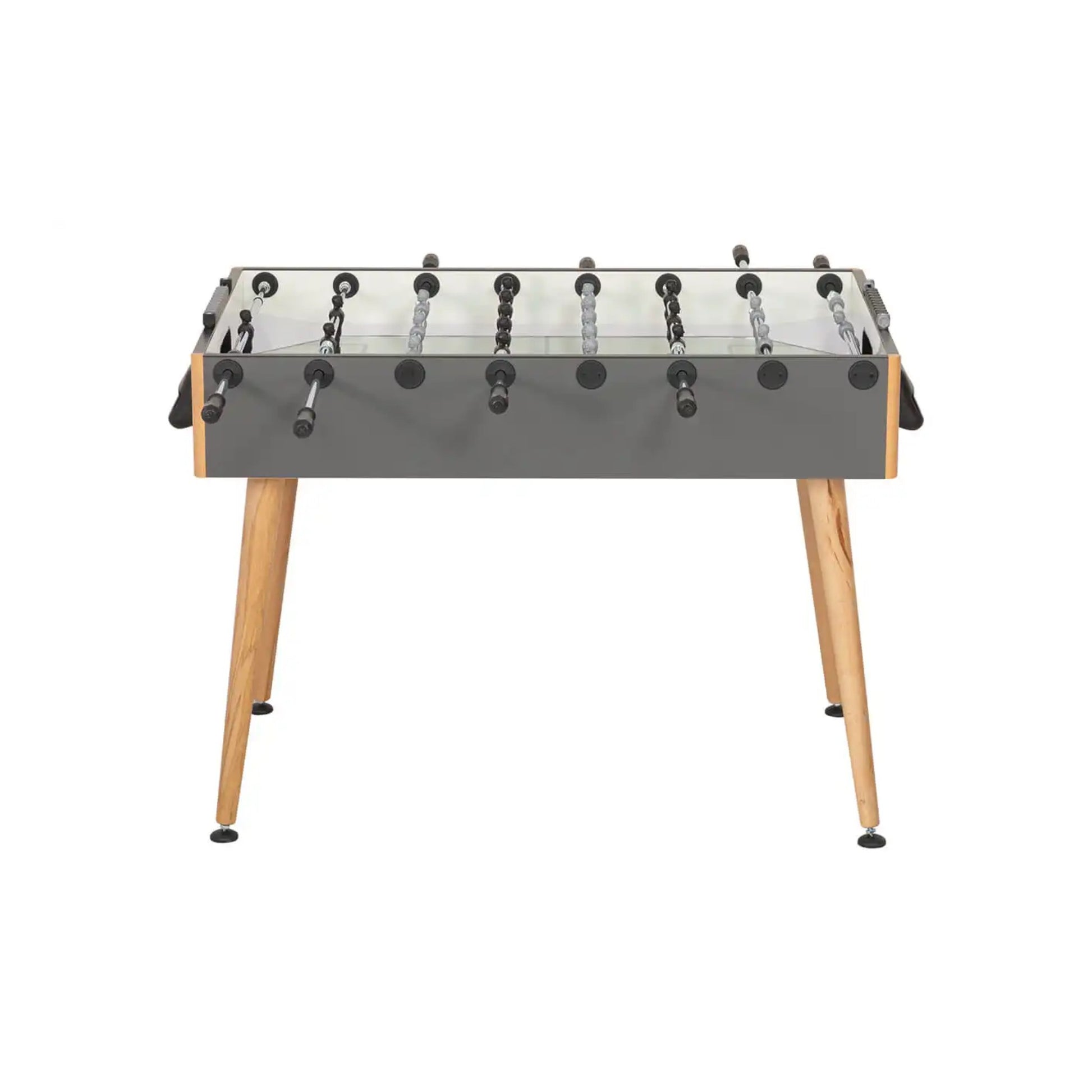 Angled view of F.A.S. Flamingo Foosball Table in grey showing turned beech wood legs