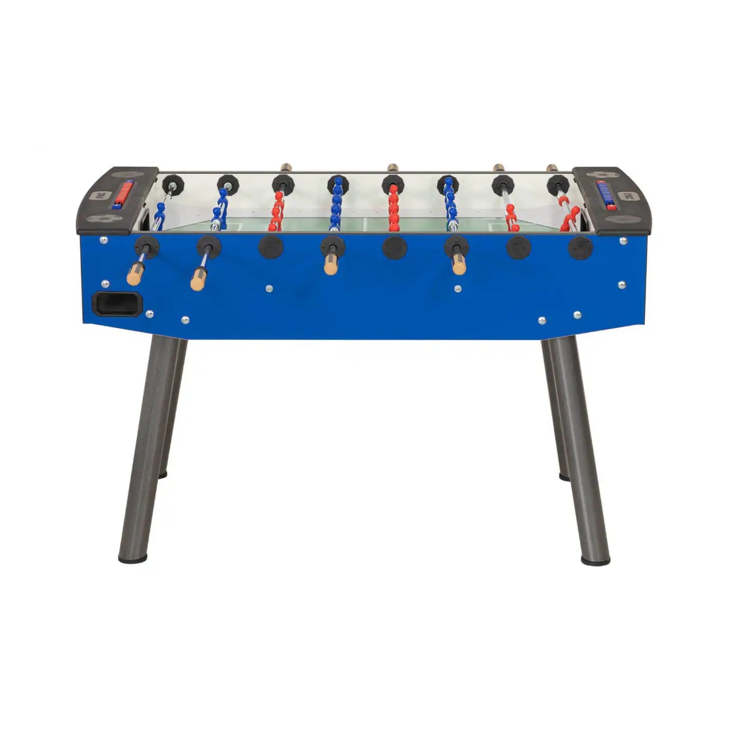 Angled view of F.A.S. Fun Plus Foosball Table in blue with metal legs