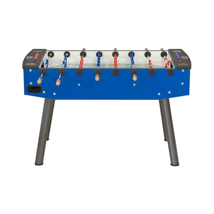 Angled view of F.A.S. Fun Plus Foosball Table in blue with metal legs
