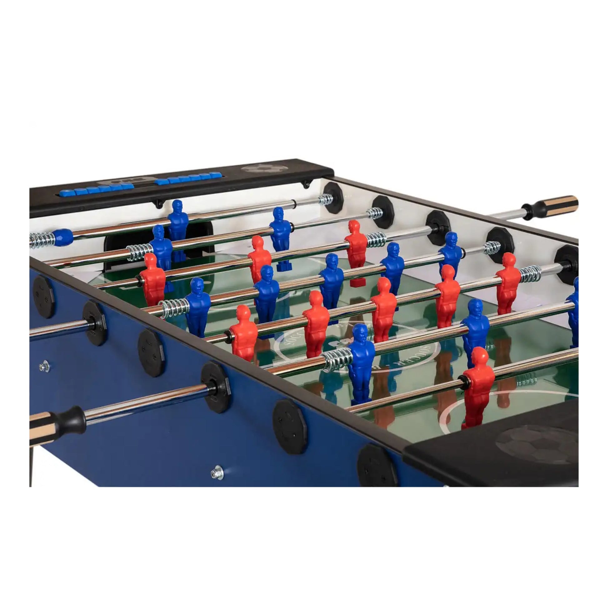 Top down view of green tempered glass playfield on F.A.S. Fun Plus table