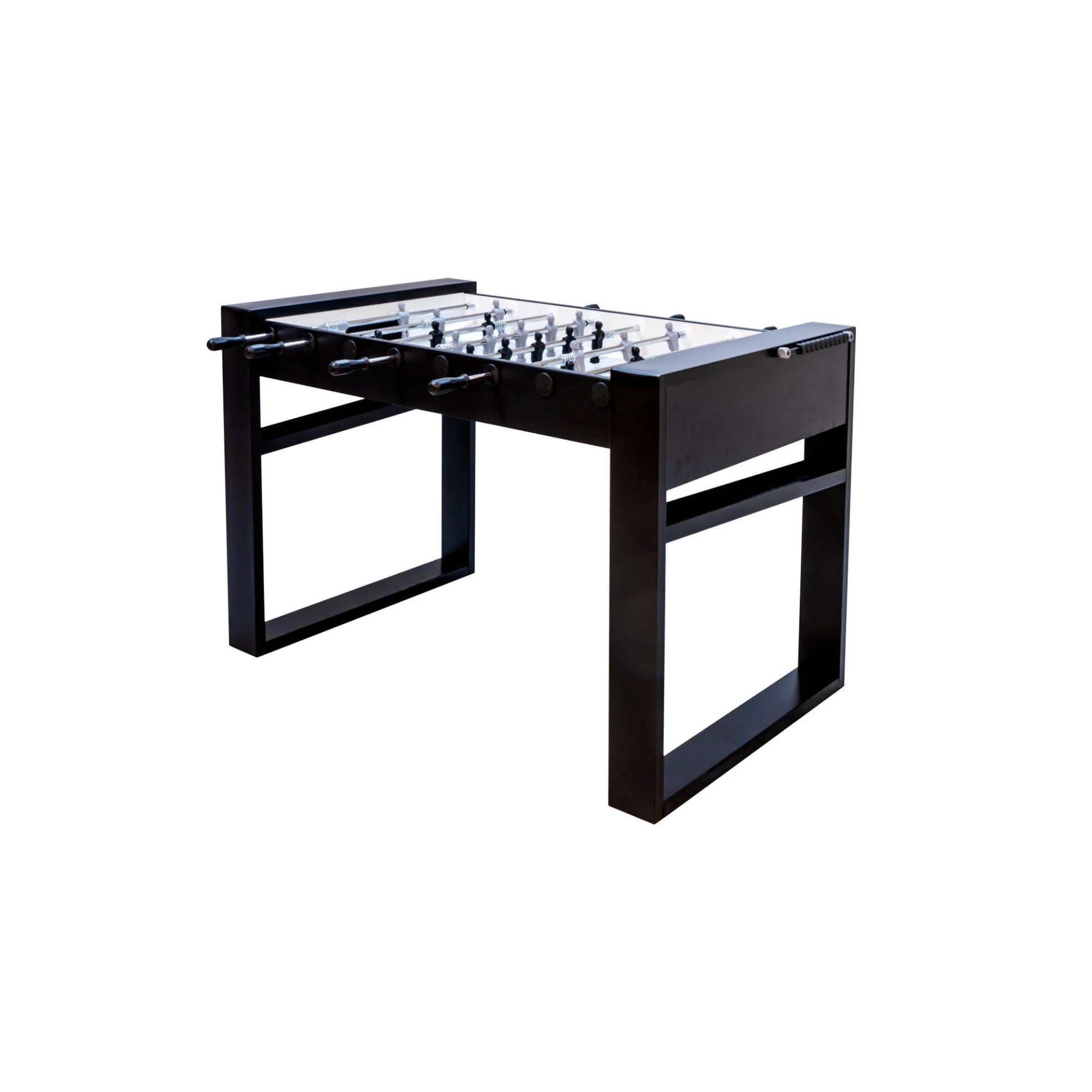 Angled view of F.A.S. Tour 65 Foosball Table showing sleek black cabinet and unique leg structure