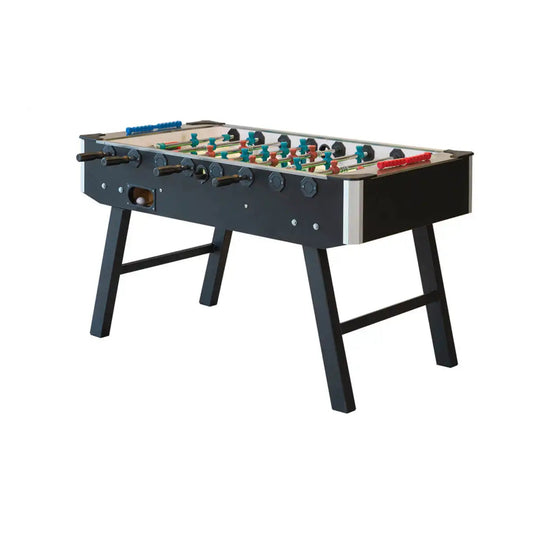 Angled view of Master Speed Foosball Table in black with aluminum corners