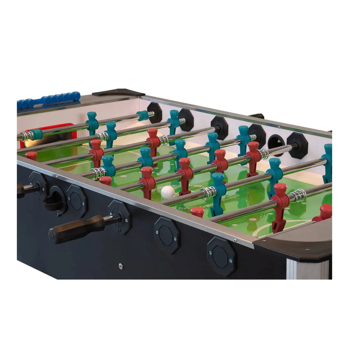 Top-down view of green tempered glass playfield on Master Speed Foosball Table