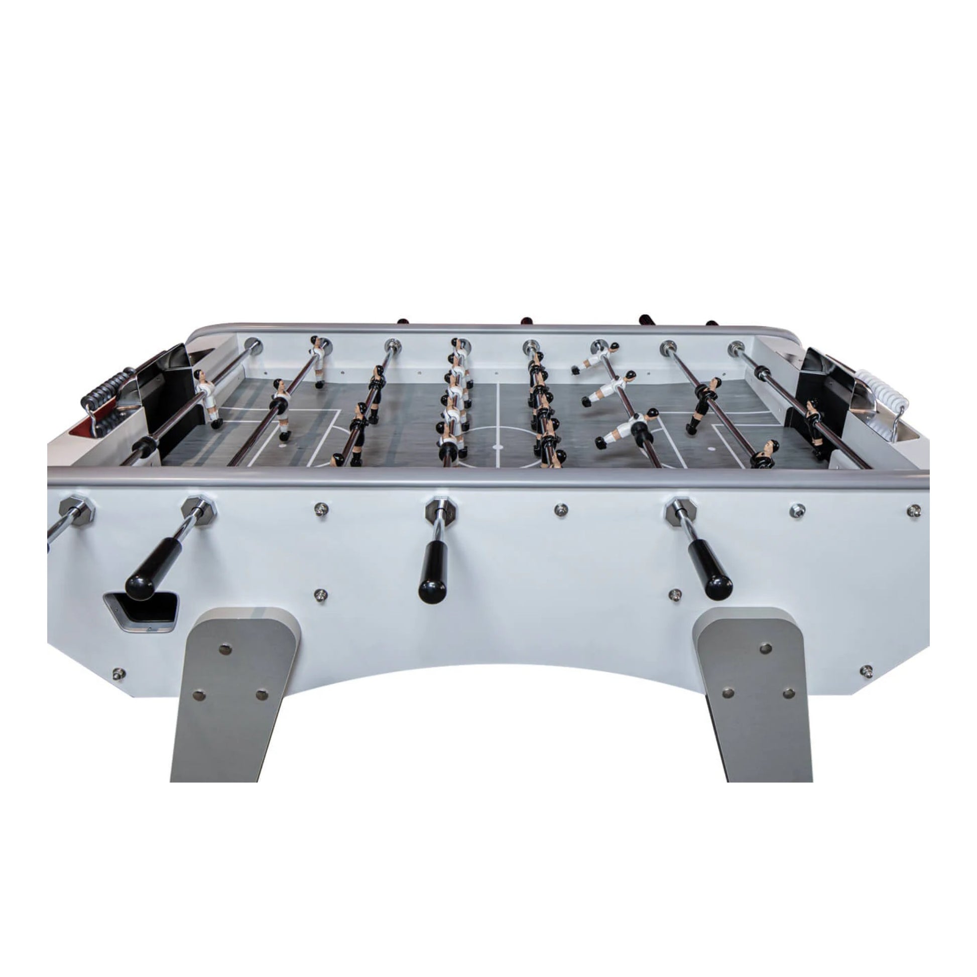 Top view of grey Gerflex playfield on Masterspeed Foosball Table