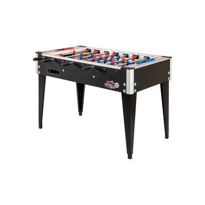 Angled view of Roberto College Foosball Table showing black cabinet and metal legs