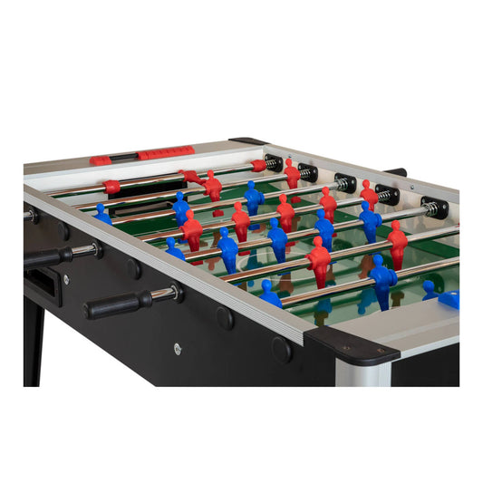 Detail shot of red and blue players and telescopic rods on Roberto College Table