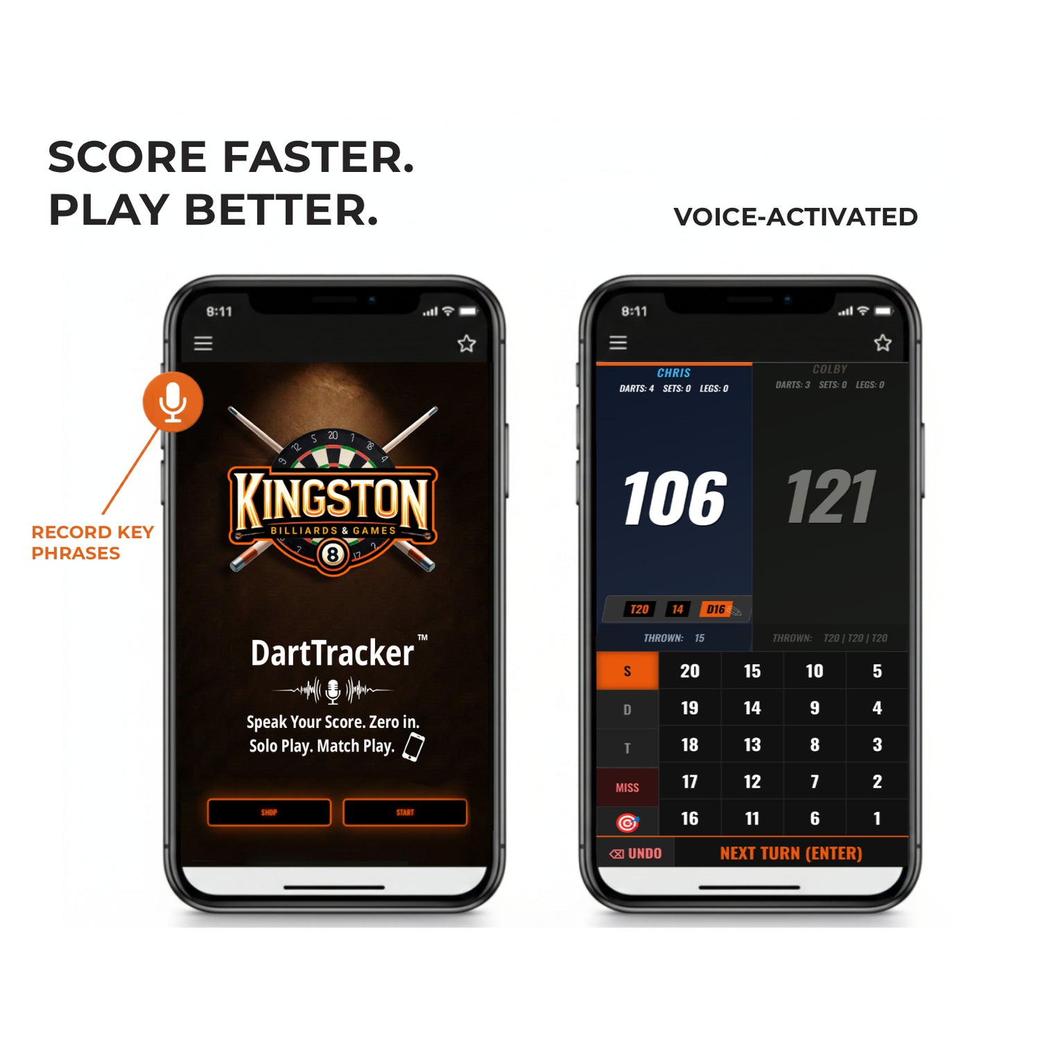 DartTracker free voice-activated dart scoreboard and counter for 501 and Cricket by Kingston Billiards & Games.