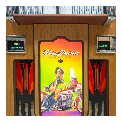 Vintage-style arcade machine with Harley Davidson branding and a pin-up girl on a motorcycle illustration.