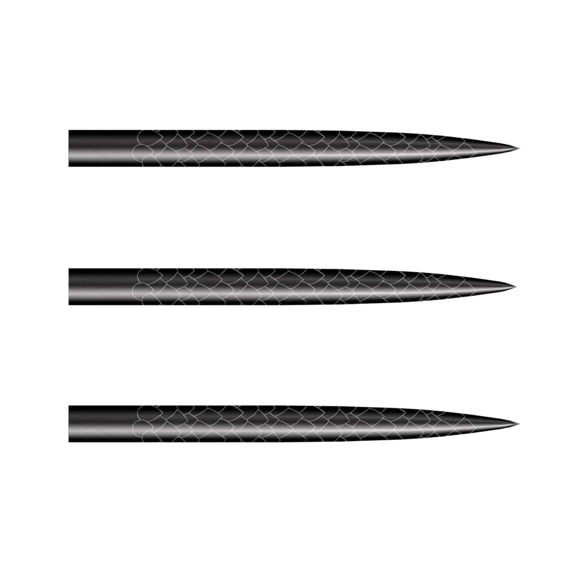 Shot Future Knights dart points detail view displaying laser etched grip for dartboard retention.