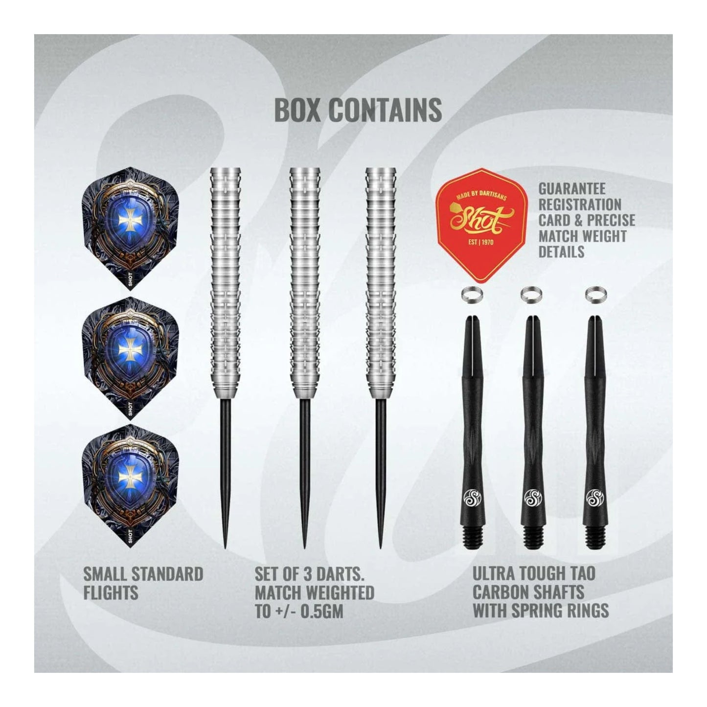 The Future Knights Ironsoul dart set in its official Shot Darts packaging, available for sale at Kingston Billiards and Games.