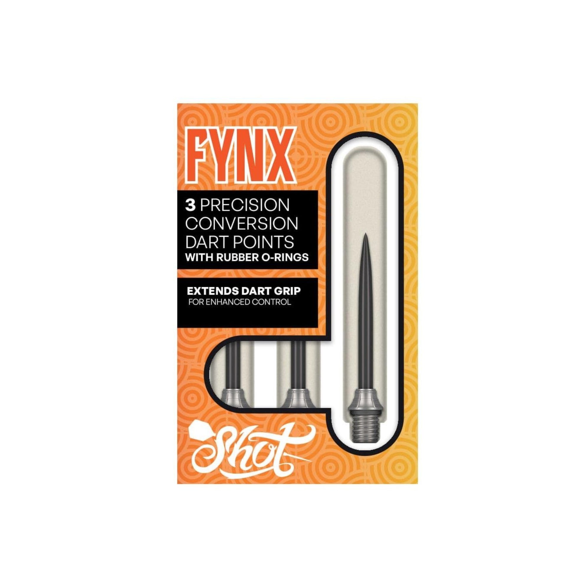 Fynix dart points packaging with orange and black design on a white background