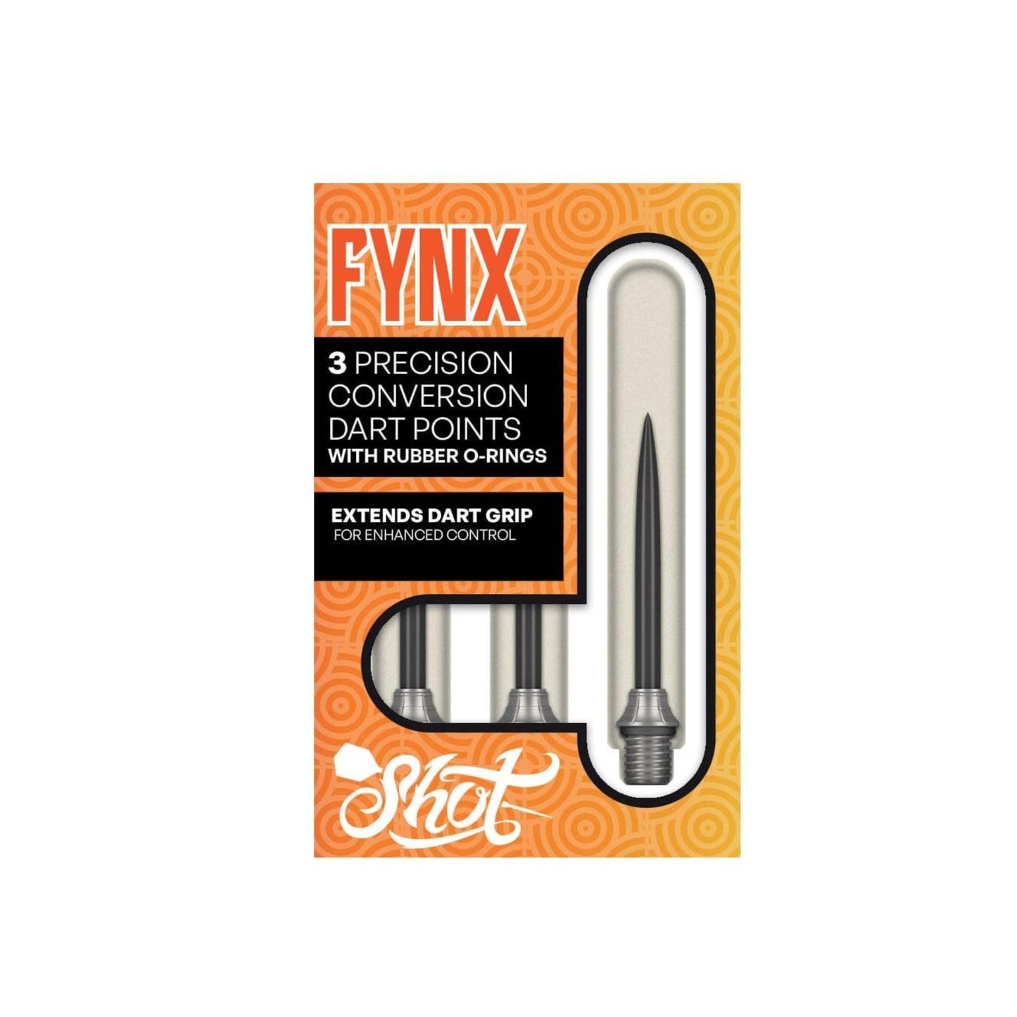 Fynix dart points packaging with orange and black design on a white background