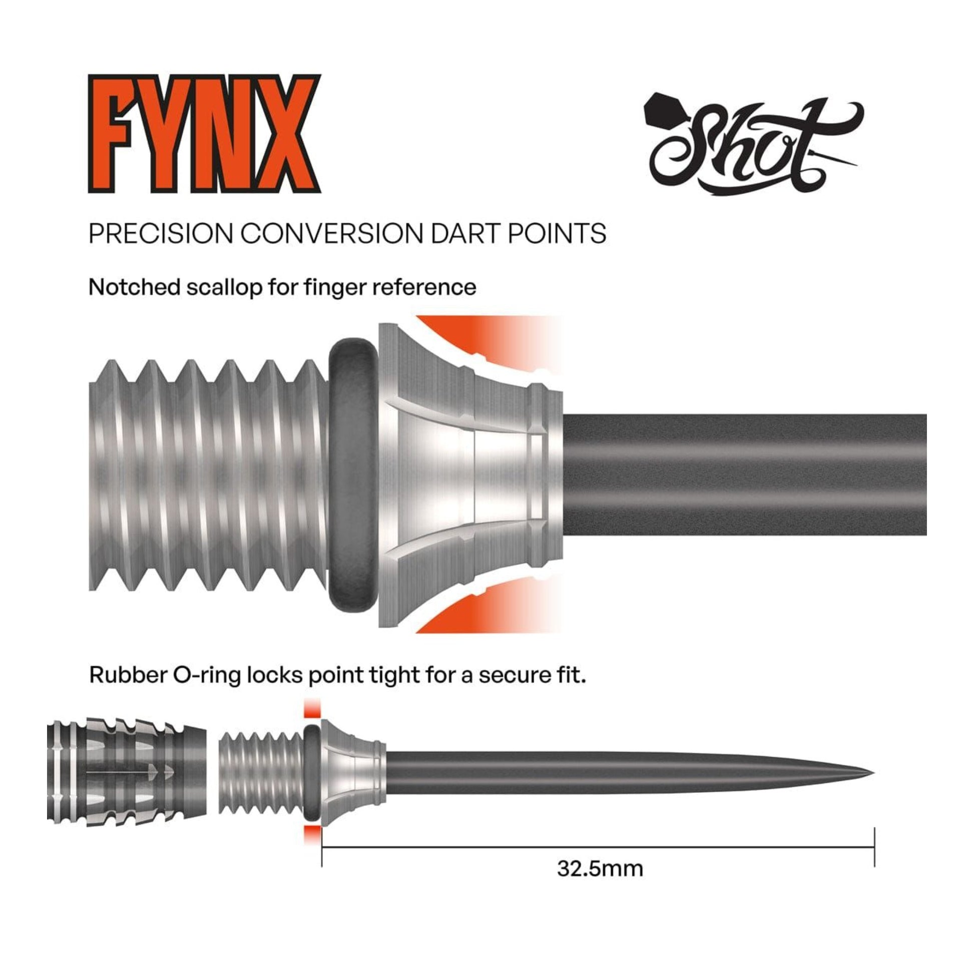 FYNX precision conversion dart points with notched scallop and rubber O-ring on a white background