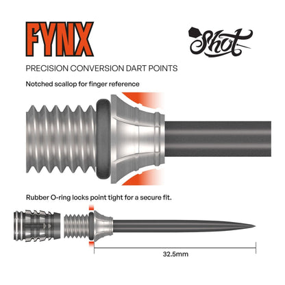 FYNX precision conversion dart points with notched scallop and rubber O-ring on a white background