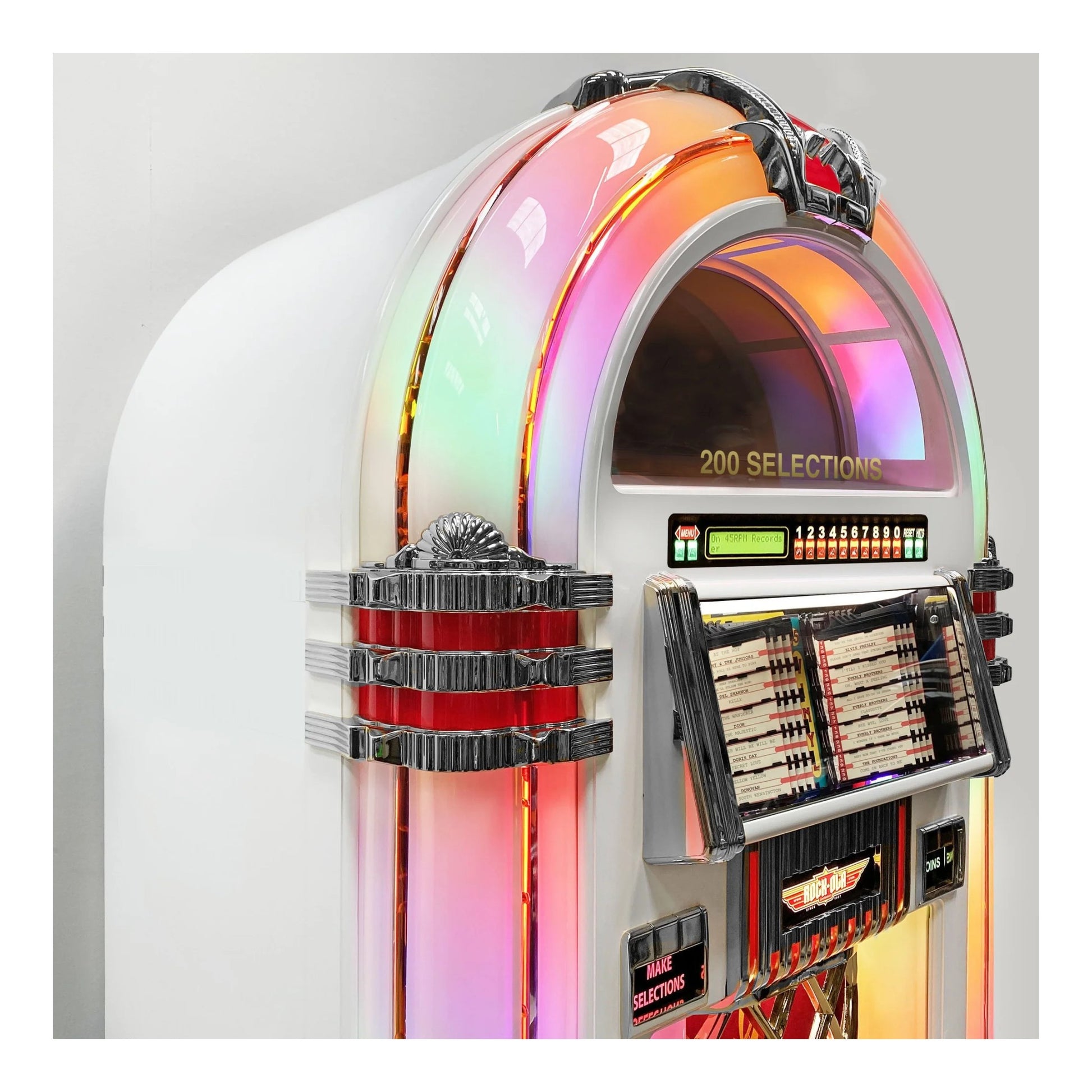 Vintage-style jukebox with colorful arch and '200 Selections' display on a gray background
