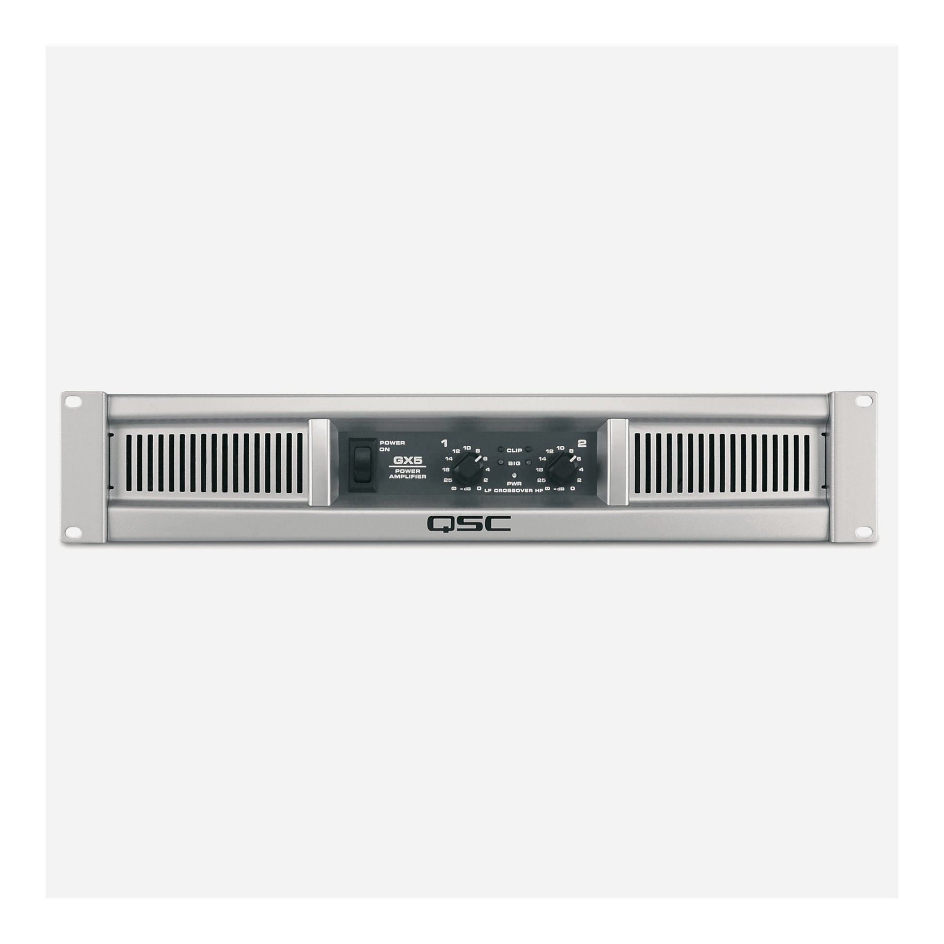 QSC audio amplifier on a white background