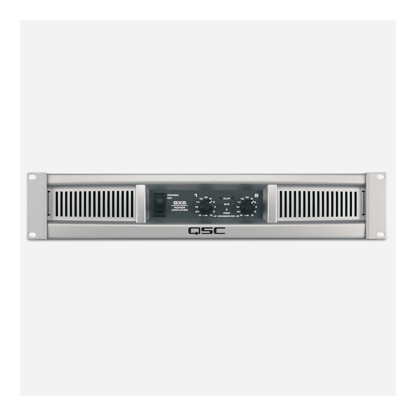 QSC audio amplifier on a white background