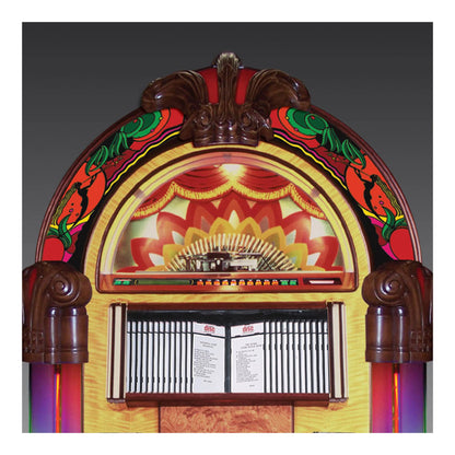 Vintage-style jukebox with colorful arch and decorative elements on a dark background