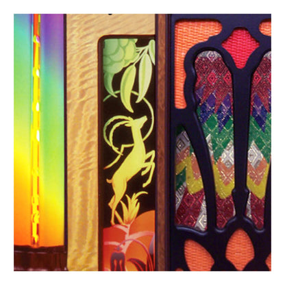 Colorful abstract design with geometric patterns and a deer illustration.