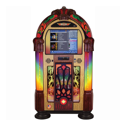 Colorful vintage-style jukebox with a digital screen on a white background
