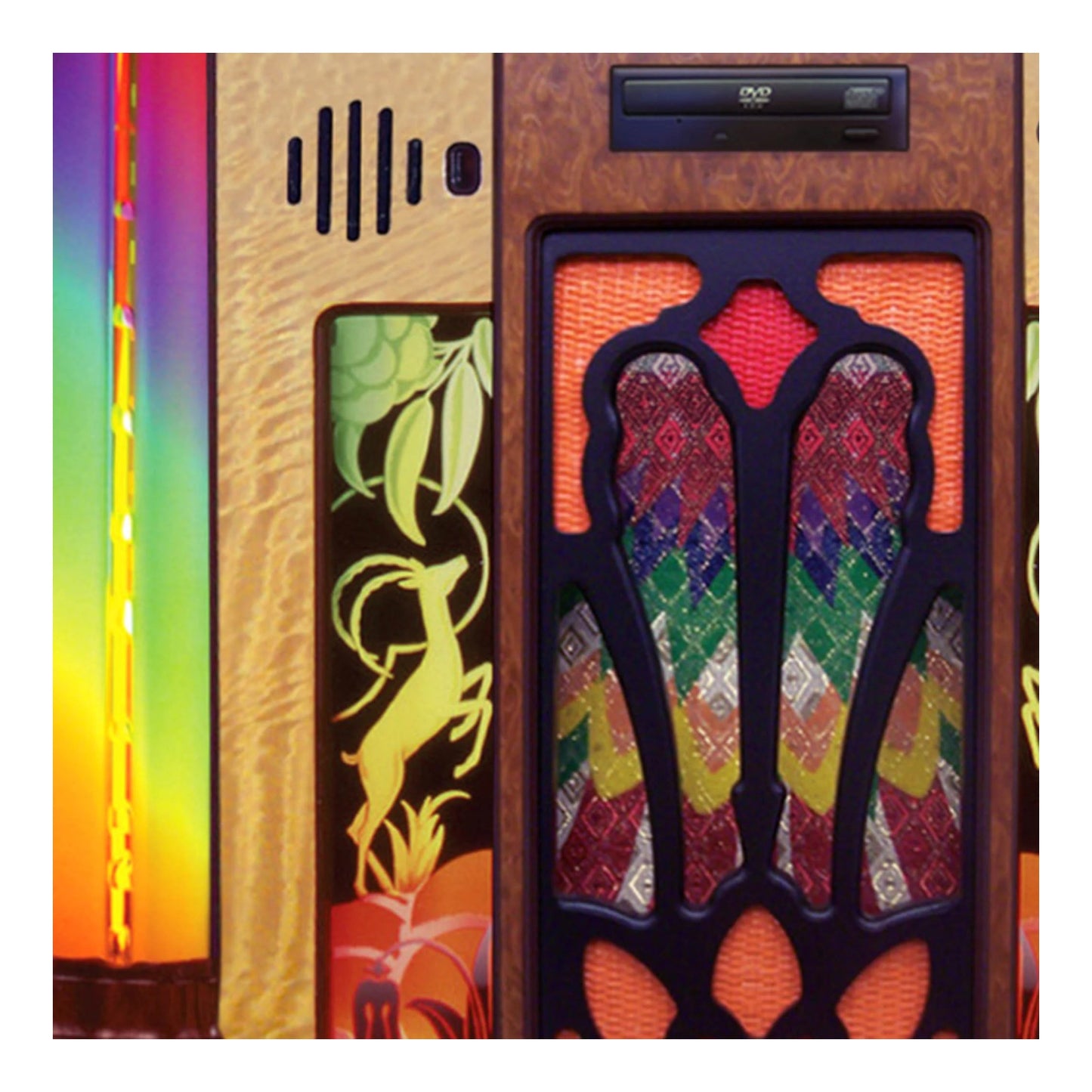 Decorative wooden box with colorful carvings and a DVD player on top