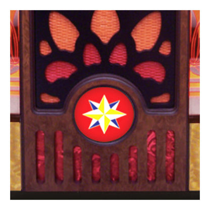 Decorative item with a red circle featuring a star design on a textured background