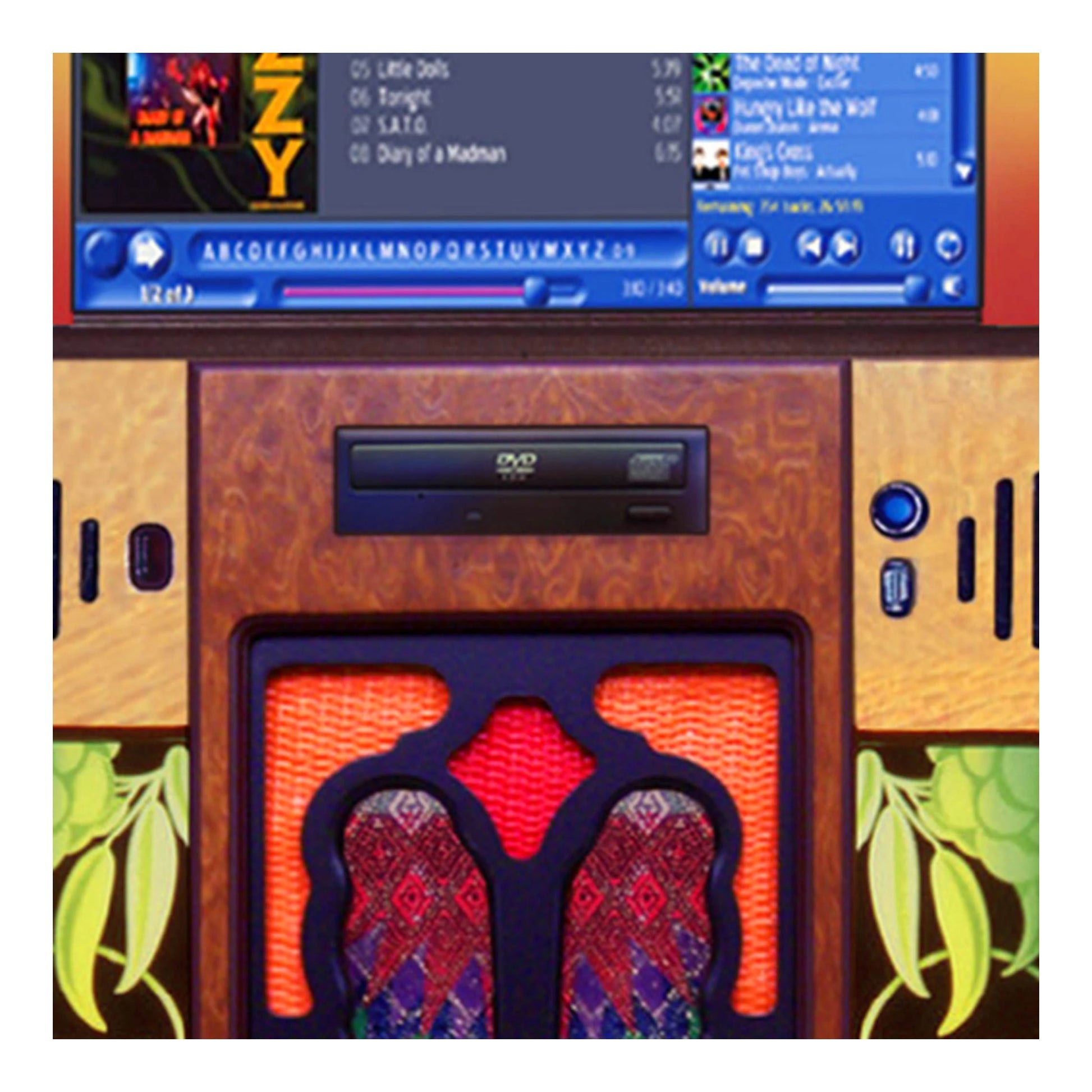 Wooden electronic device with a screen displaying music player interface