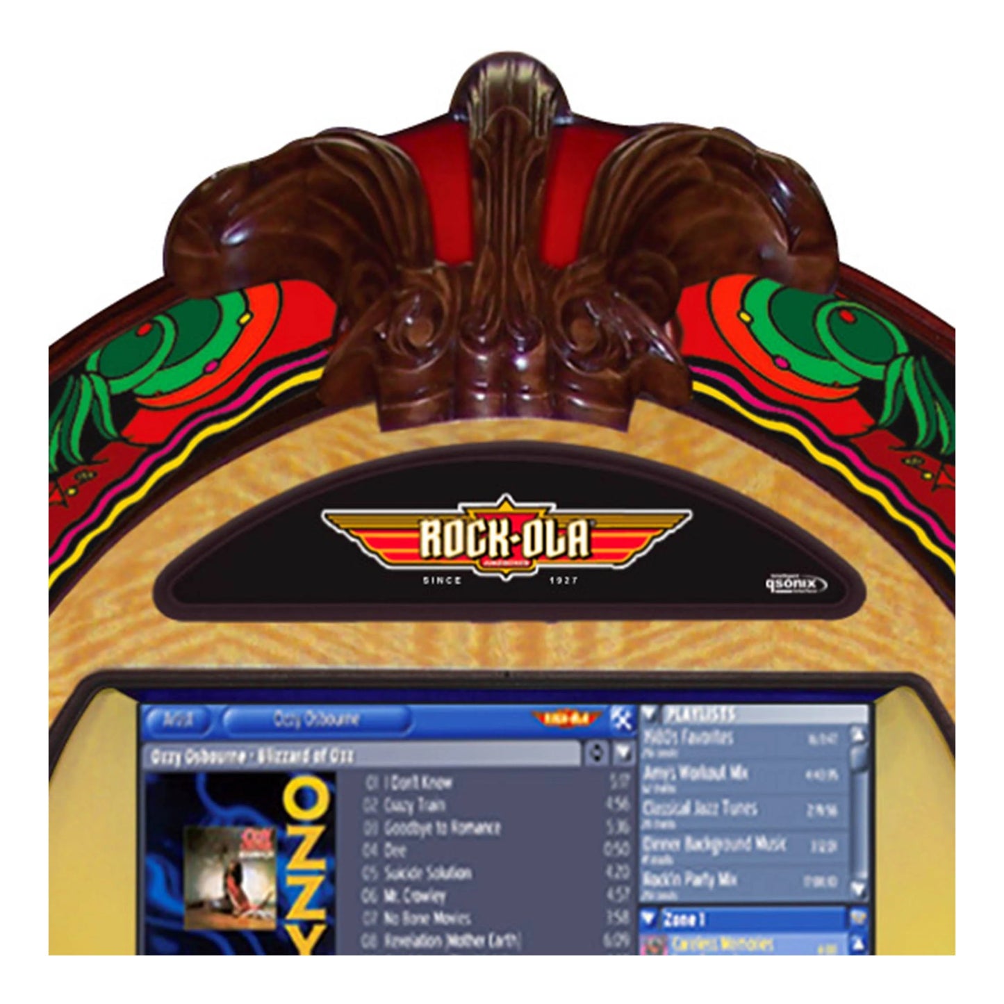 Vintage-style jukebox with 'Rock-Ola' branding and a digital display.