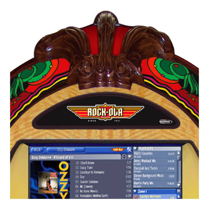 Vintage-style jukebox with 'Rock-Ola' branding and a digital display.