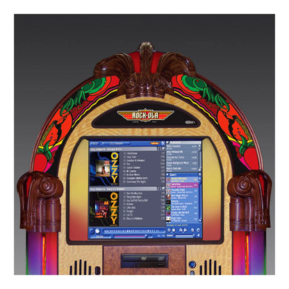 Decorative jukebox with a screen displaying music options on a dark background