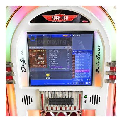Jukebox with a screen displaying music selection interface, featuring the Rock-Ola brand.