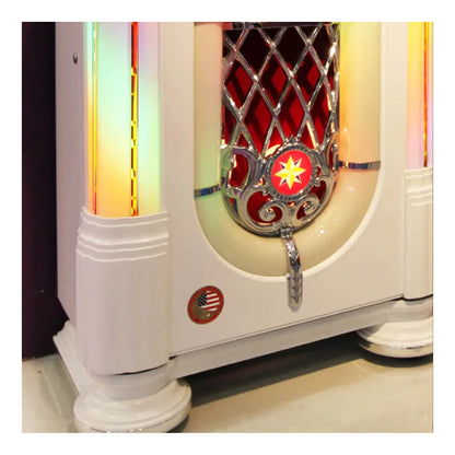 Side view of the Gloss White Rock-Ola Digital Music Center showing slim depth