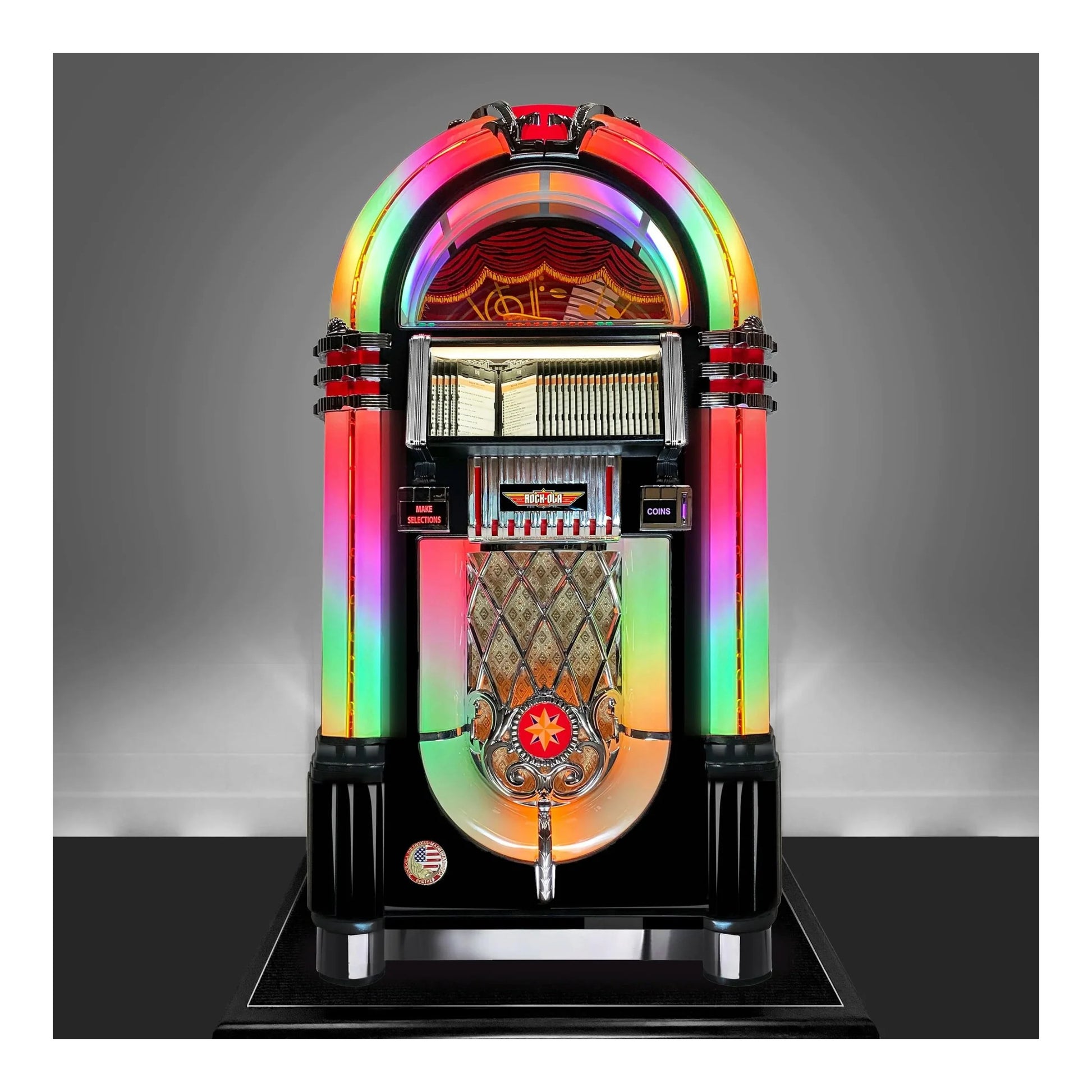 Colorful vintage-style jukebox on a gray background