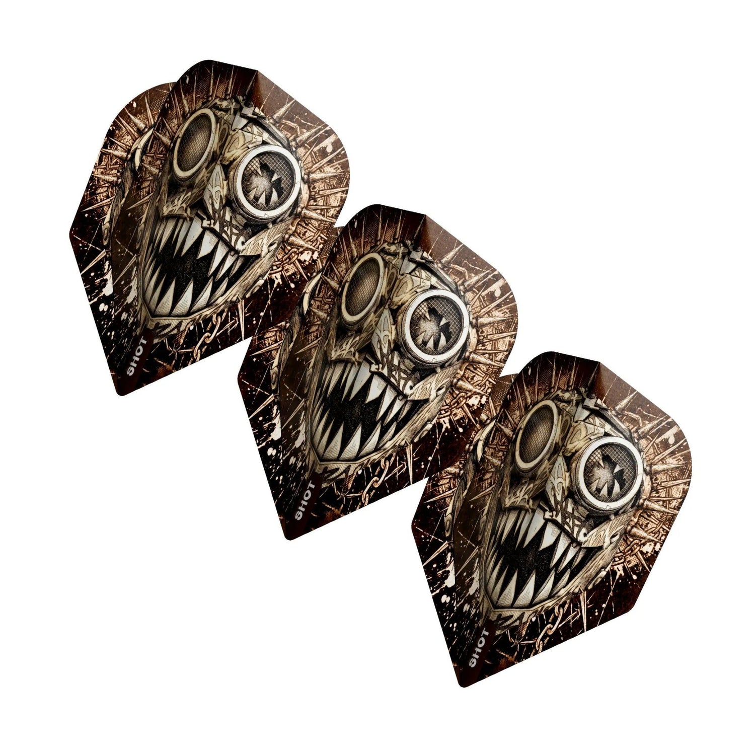 Three Gnarly Gnasha 100-micron small standard dart flights fanned out to display the skull design