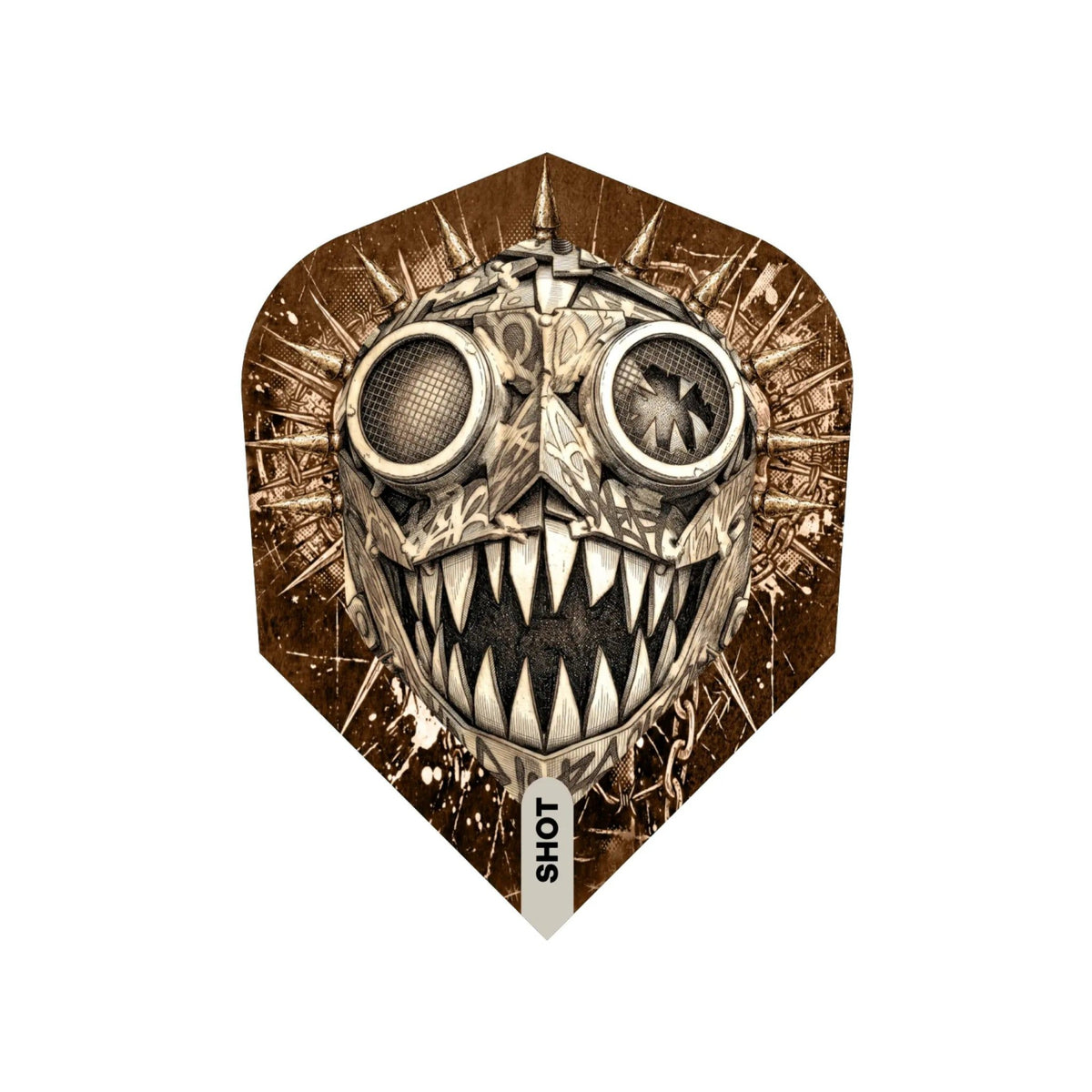Close up of a single polymer Gnarly Gnasha dart flight showing the intricate skull graphic