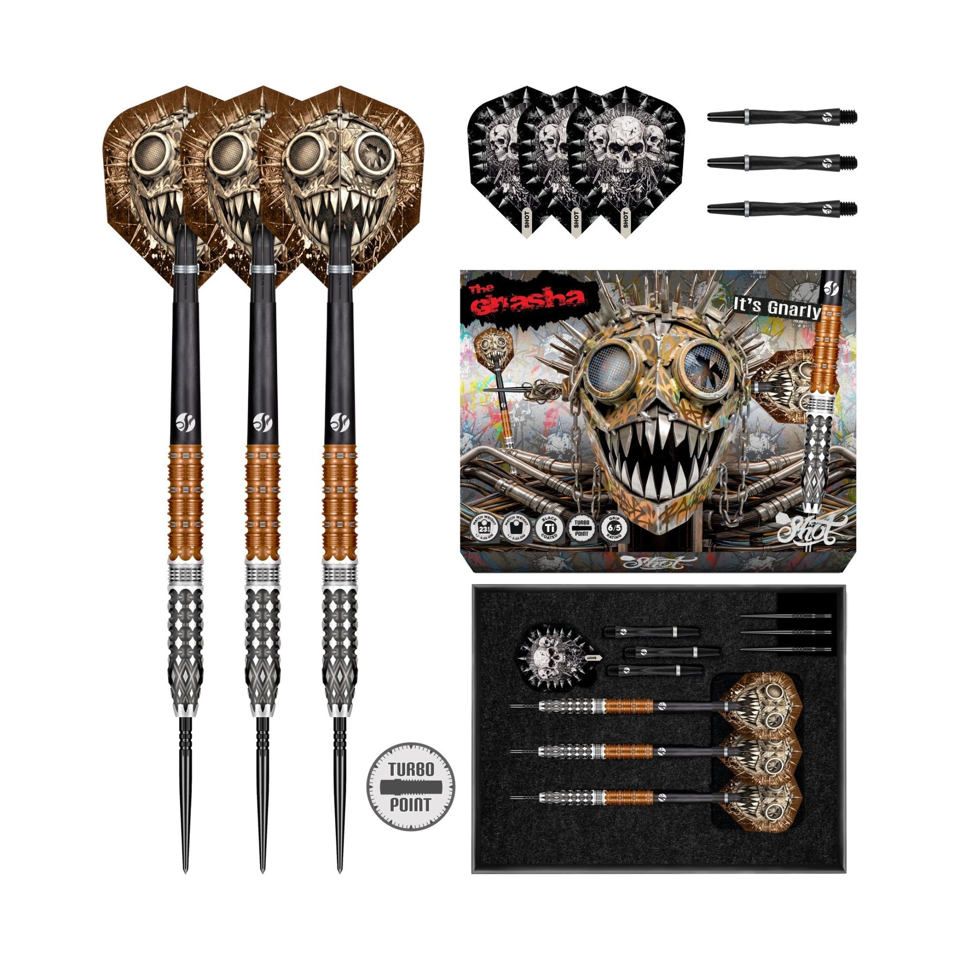 Gnarly Gnasha Steel Tip Dart Set main box and product view