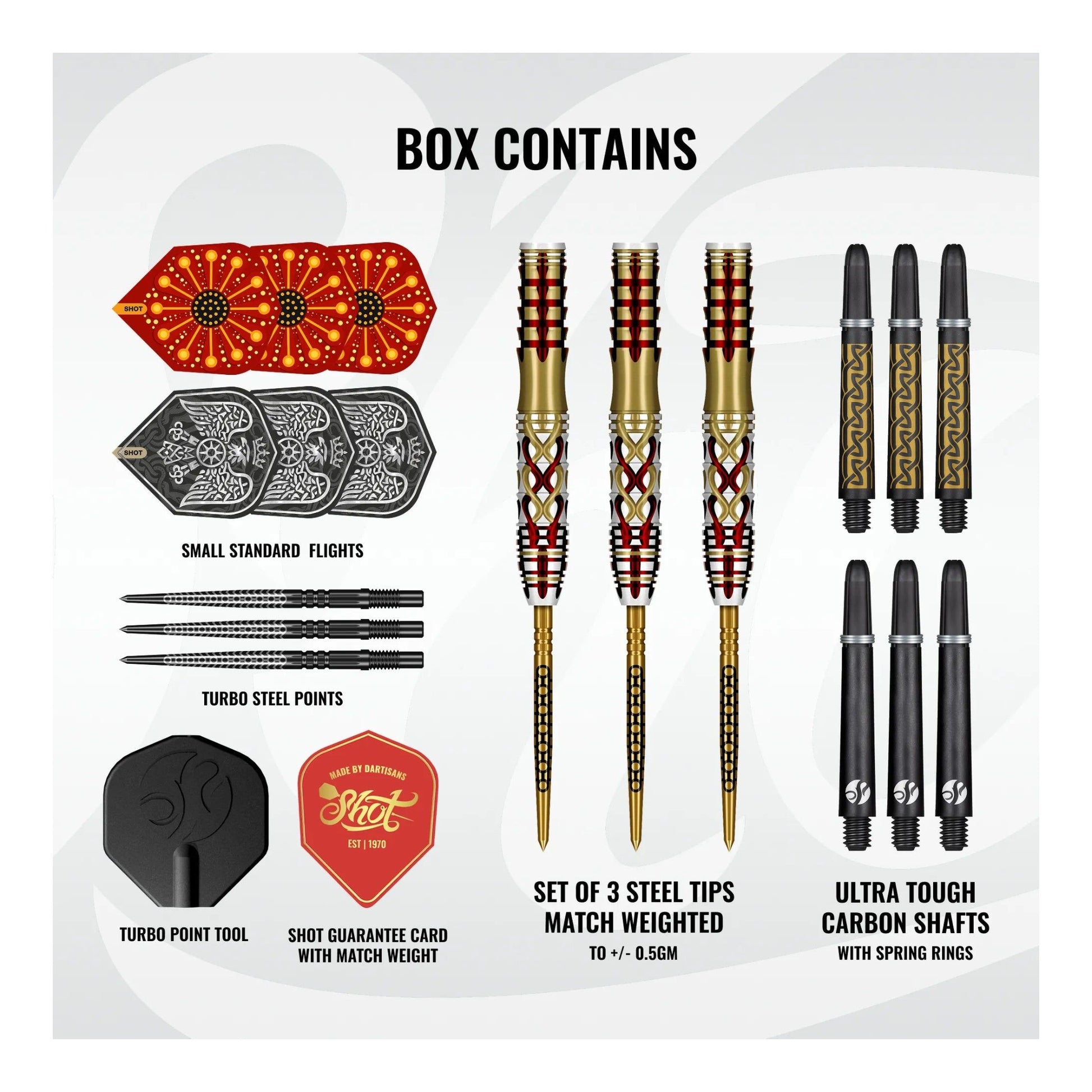 Box contents of the Goths Alaric dart set including flights and shafts