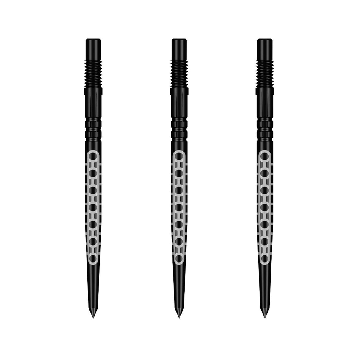 Three Shot Goths Turbo Dart Points in black oxide finish showing precision standard grooves.