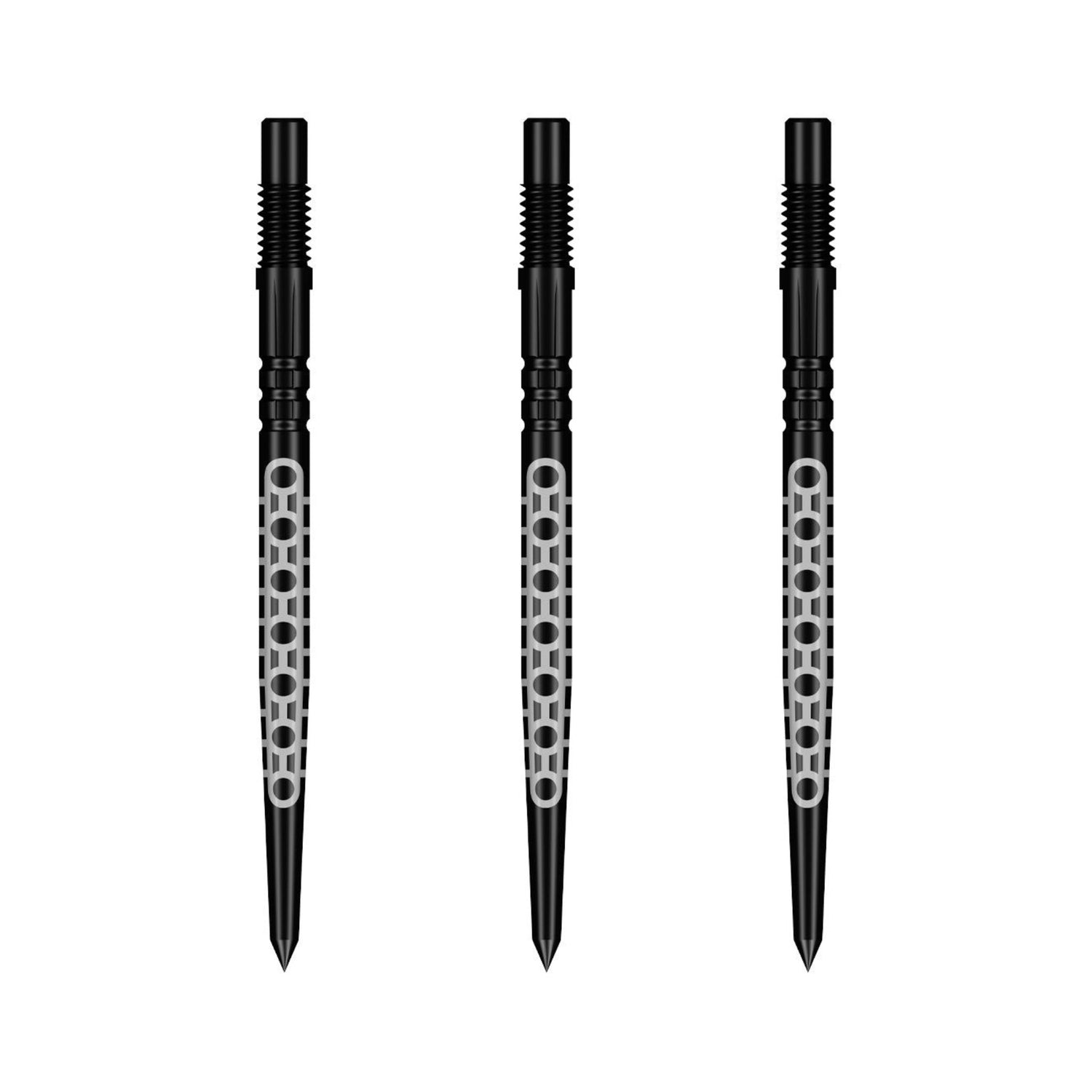 Three Shot Goths Turbo Dart Points in black oxide finish showing precision standard grooves.