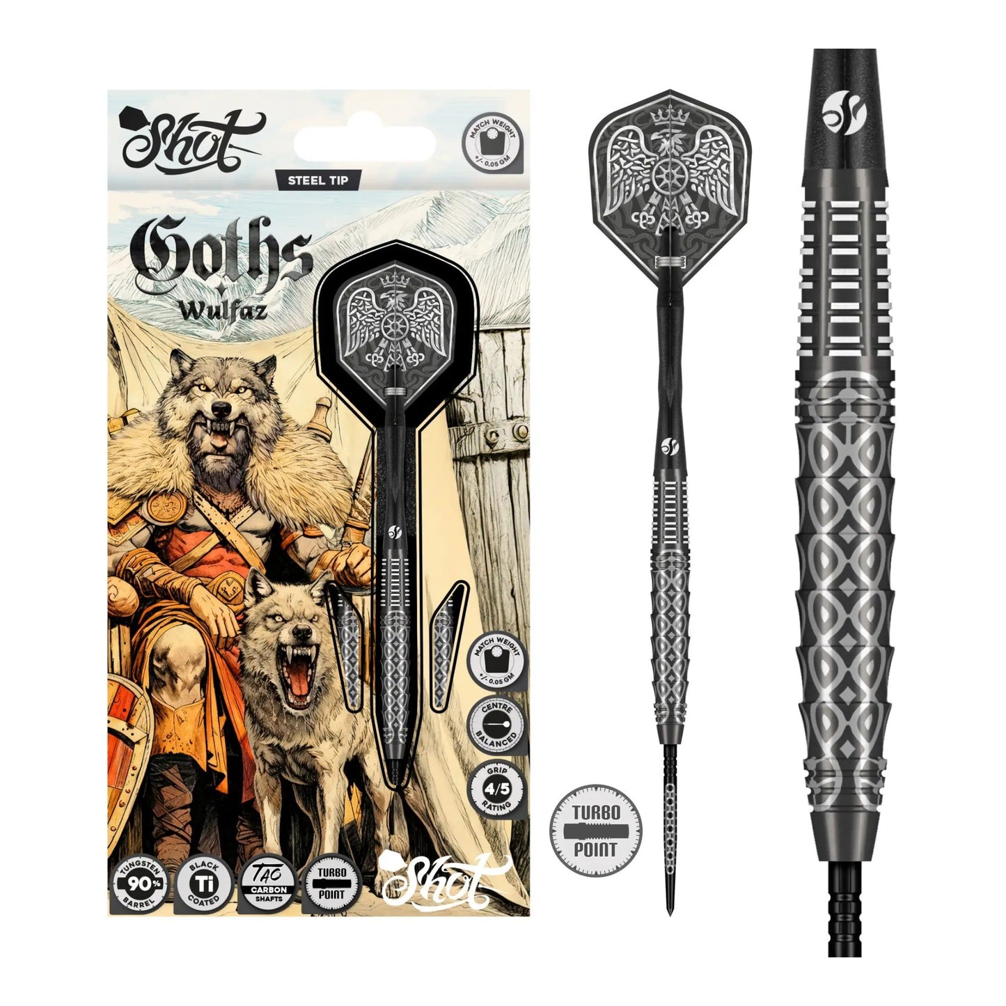 Shot Darts Goths Wulfaz 90% tungsten steel tip dart set with Eagle flights