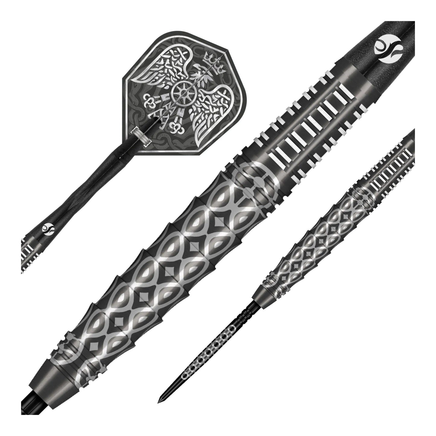 Close up of the Goths Wulfaz dart barrel showing the Ironweave shark fin grip and black titanium coating