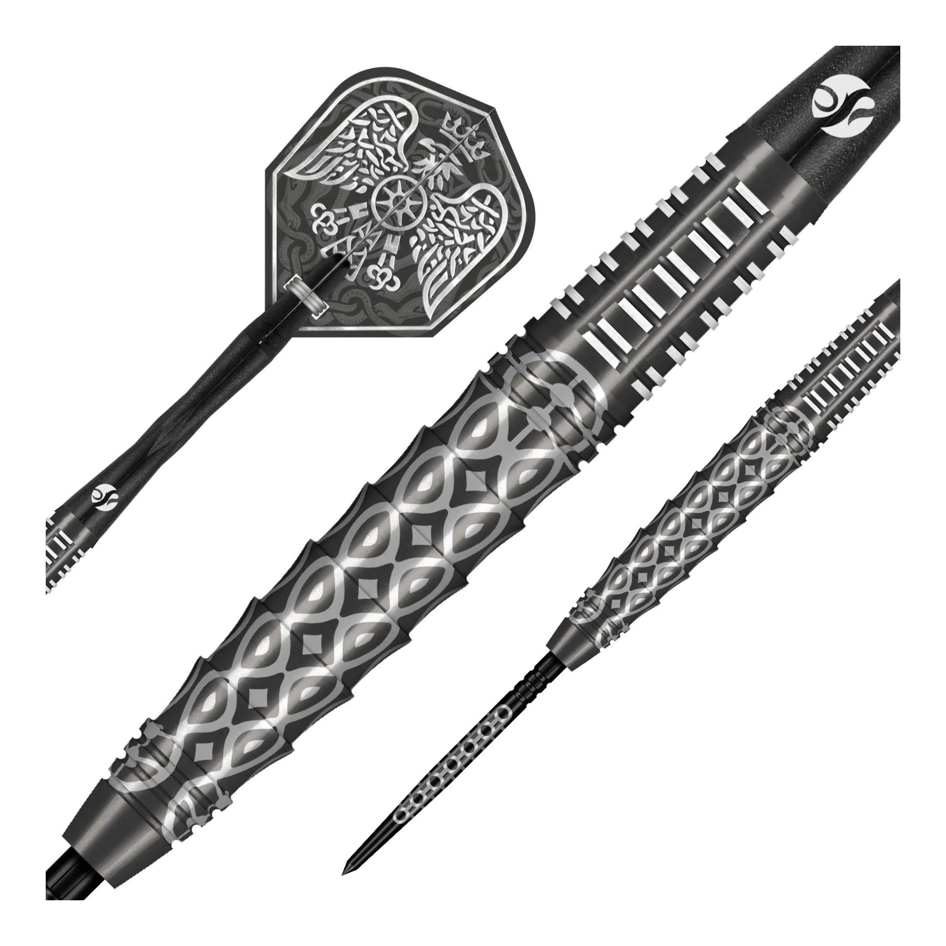 Close up of the Goths Wulfaz dart barrel showing the Ironweave shark fin grip and black titanium coating