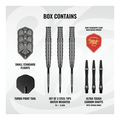 Box contents for the Goths Wulfaz darts including tungsten barrels, carbon shafts, and standard flights