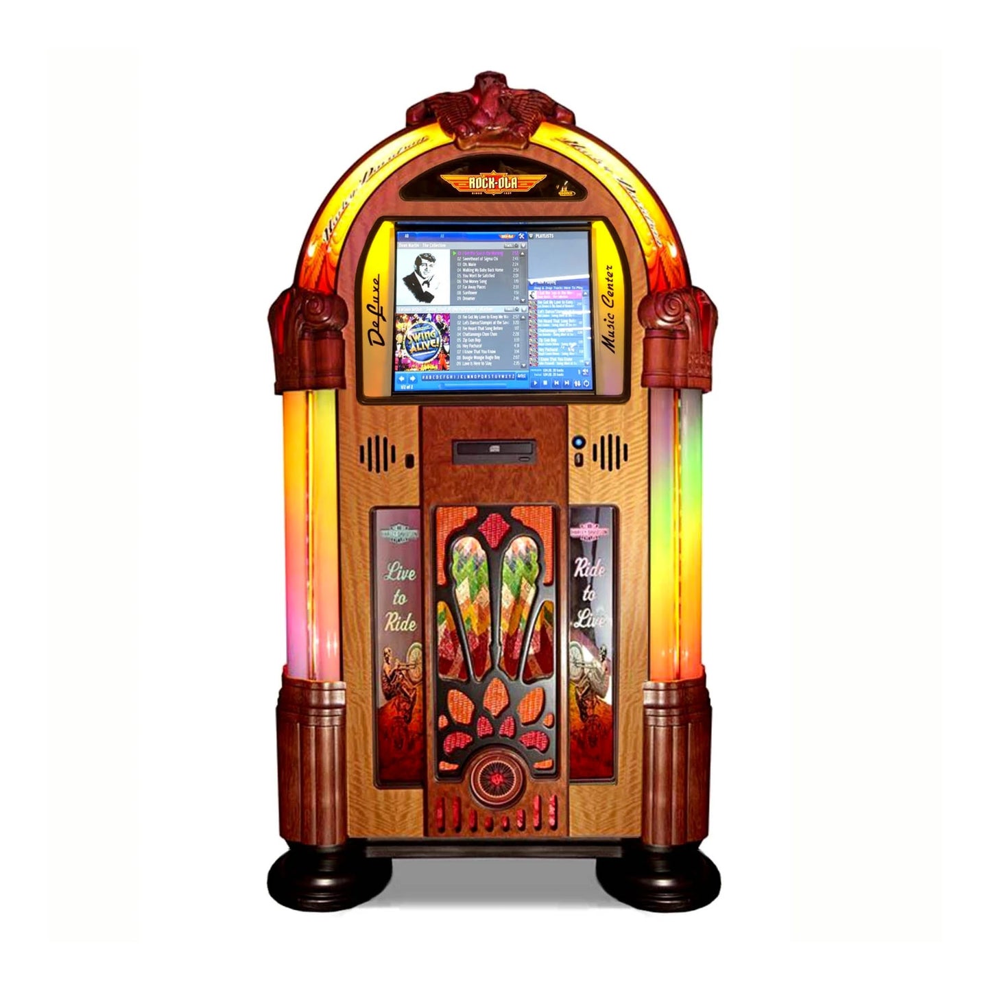 Vintage-style jukebox with colorful lights on a white background