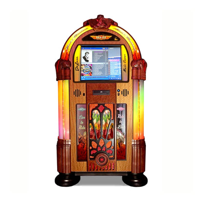 Vintage-style jukebox with colorful lights on a white background