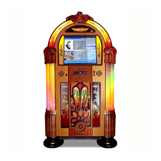 Vintage-style jukebox with colorful lights on a white background