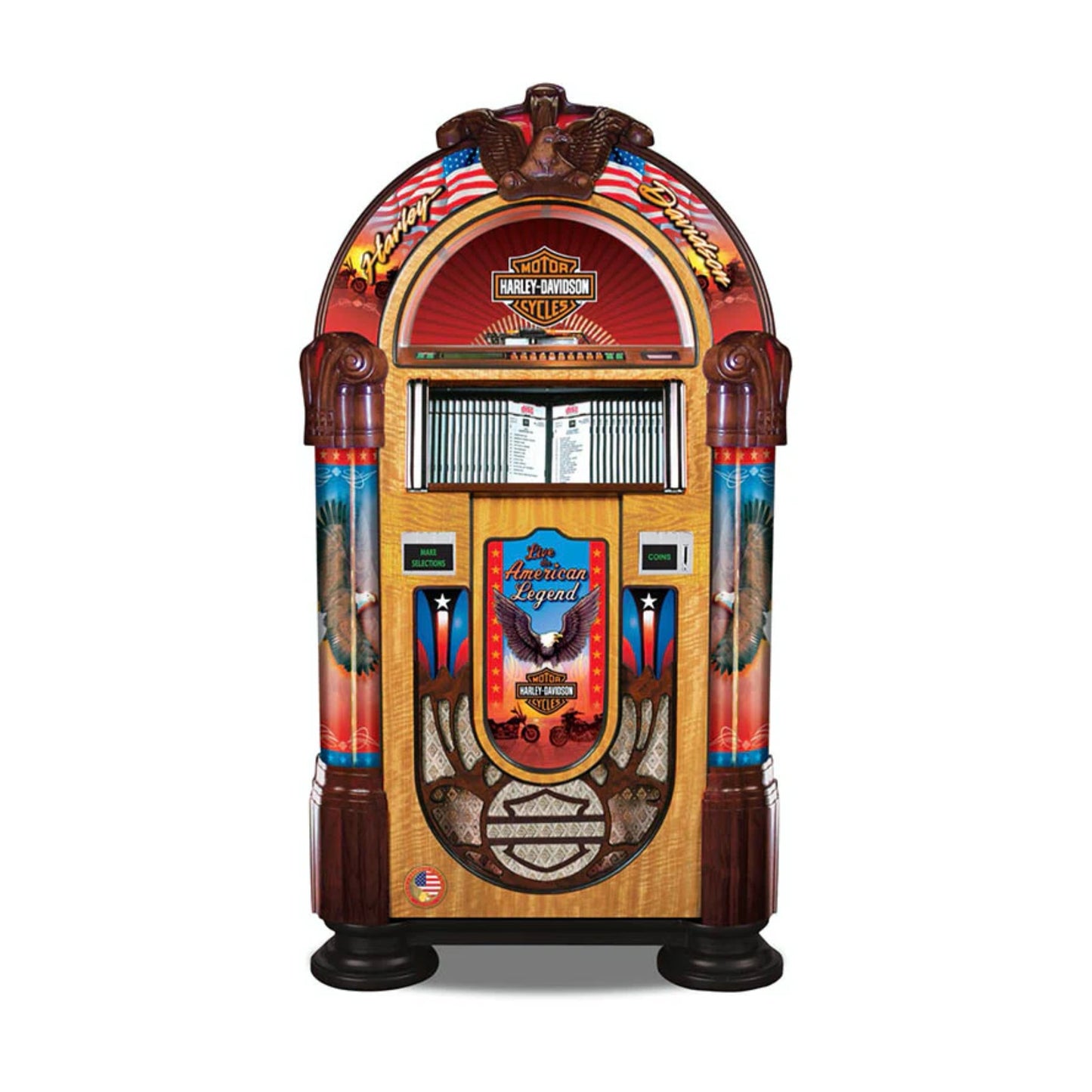 Harley-Davidson jukebox with American flag design on a white background